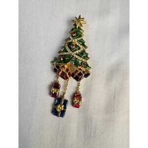 Vintage Christopher Radko Green Enamel Rhinestone Christmas Tree Pin Brooch
